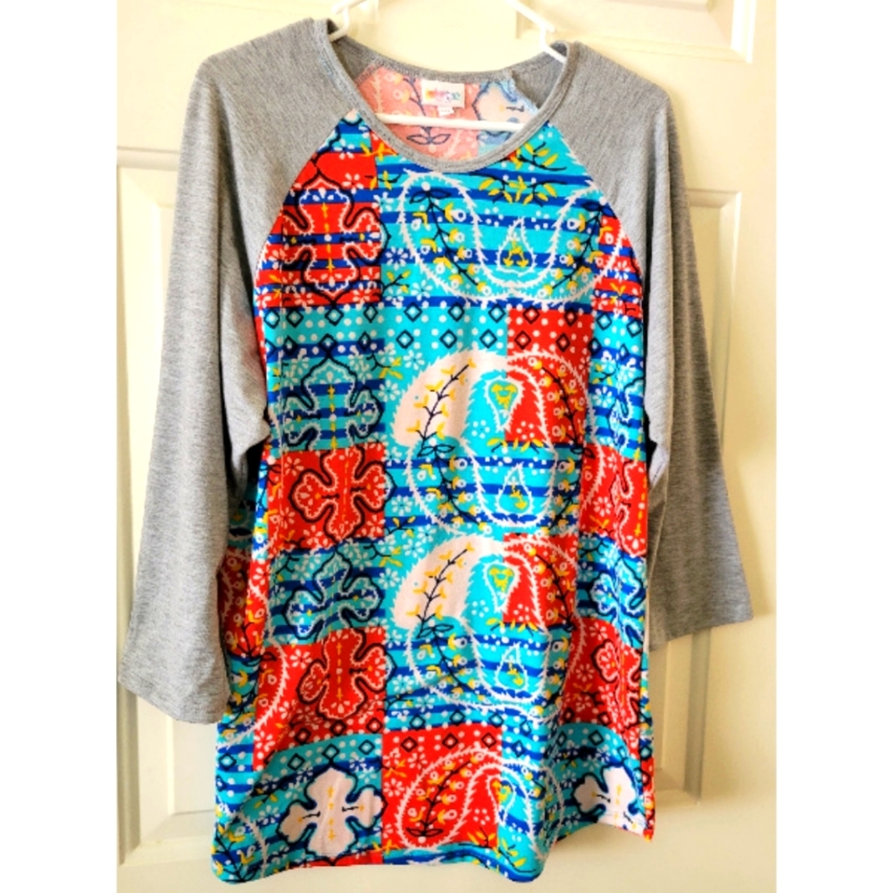 Lularoe 2X 2XL Randy Baseball Ringer Tee T Tunic floral paisley red turquoise